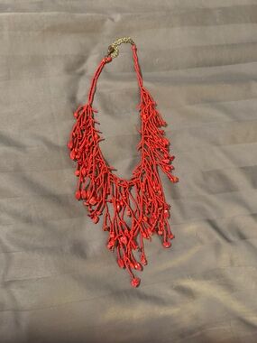 J. Jill Red Beaded Fringe Statement Necklace